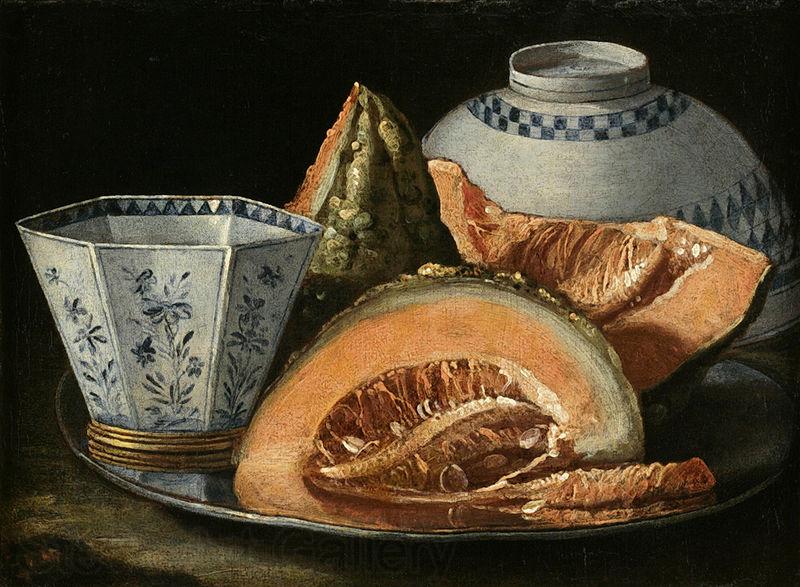 Cristoforo Munari A Still-Life with Melon, an octagonal blue and white cup on a Silver Charger